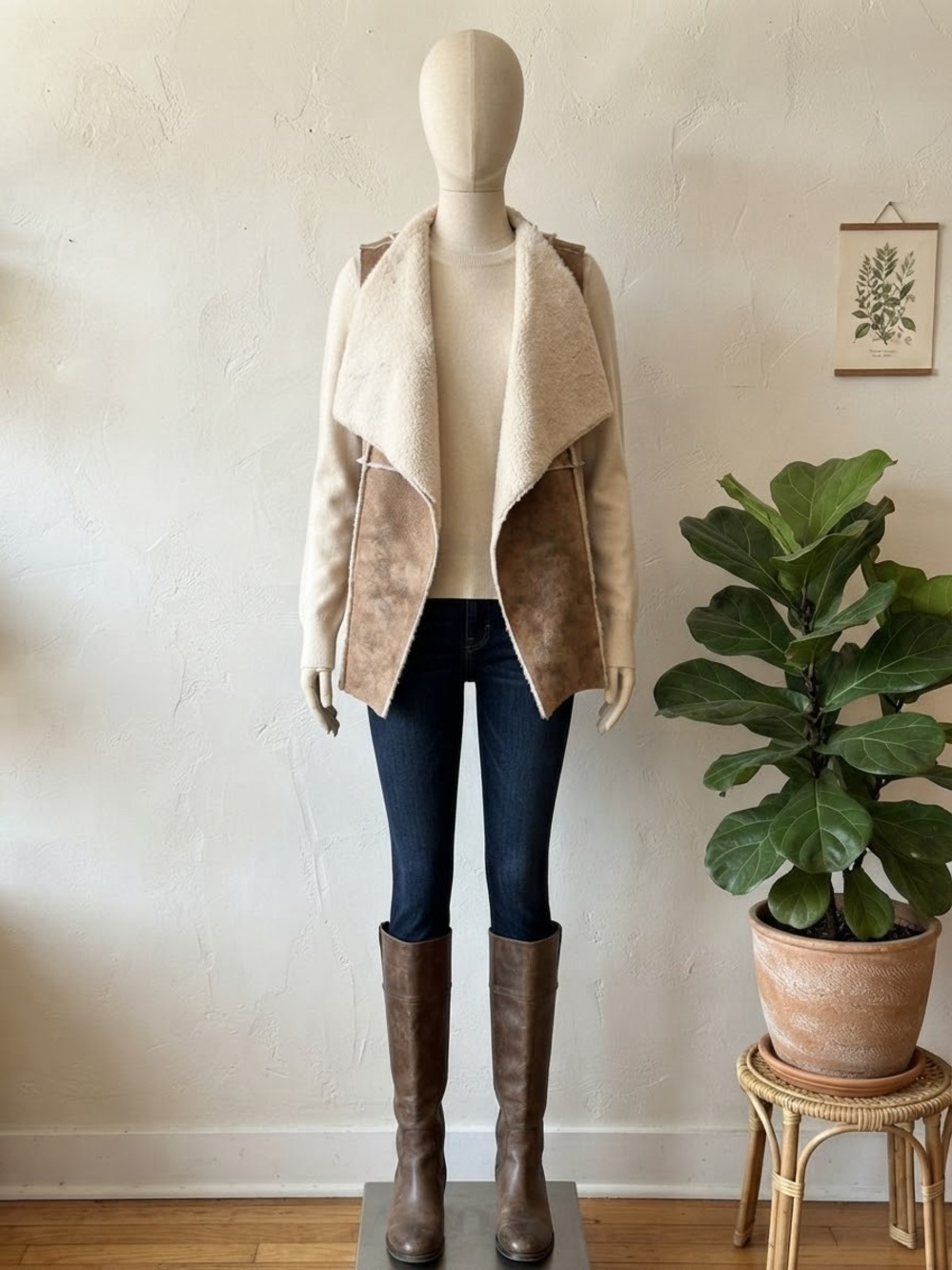 Knox Rose Cream and Brown Faux Shearling Open-Front Vest
